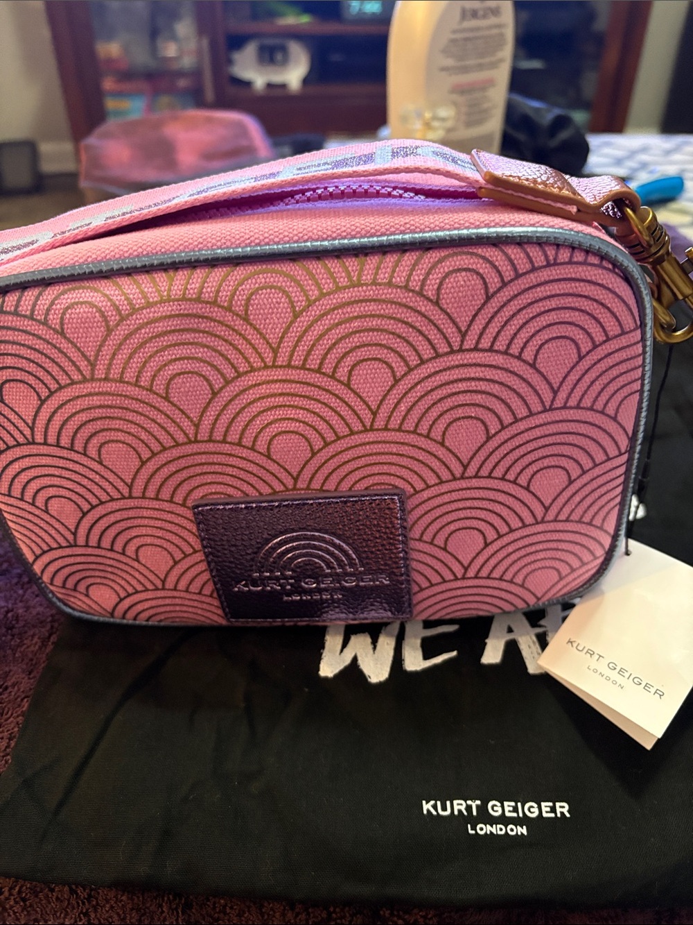 Kurt Geiger Pink Arc-Pattern Cosmetic Bag with Metallic Purple Trim